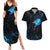 Lightning Bowling Couples Matching Summer Maxi Dress and Hawaiian Shirt Electric Blue Ball and American Eagle Graphic on Stormy Black Background - Wonder Print Shop