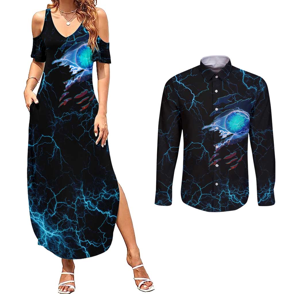 Lightning Bowling Couples Matching Summer Maxi Dress and Long Sleeve Button Shirt Electric Blue Ball and American Eagle Graphic on Stormy Black Background - Wonder Print Shop