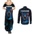 Lightning Bowling Couples Matching Summer Maxi Dress and Long Sleeve Button Shirt Electric Blue Ball and American Eagle Graphic on Stormy Black Background - Wonder Print Shop