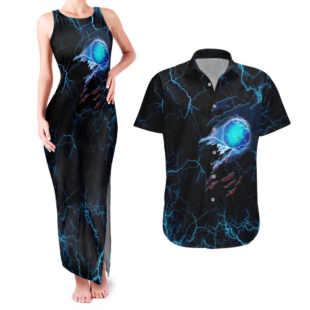 Lightning Bowling Couples Matching Tank Maxi Dress and Hawaiian Shirt Electric Blue Ball and American Eagle Graphic on Stormy Black Background - Wonder Print Shop