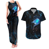 Lightning Bowling Couples Matching Tank Maxi Dress and Hawaiian Shirt Electric Blue Ball and American Eagle Graphic on Stormy Black Background - Wonder Print Shop