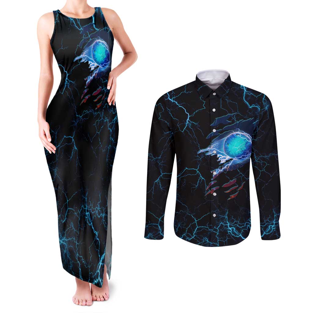 Lightning Bowling Couples Matching Tank Maxi Dress and Long Sleeve Button Shirt Electric Blue Ball and American Eagle Graphic on Stormy Black Background - Wonder Print Shop