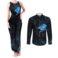 Lightning Bowling Couples Matching Tank Maxi Dress and Long Sleeve Button Shirt Electric Blue Ball and American Eagle Graphic on Stormy Black Background - Wonder Print Shop