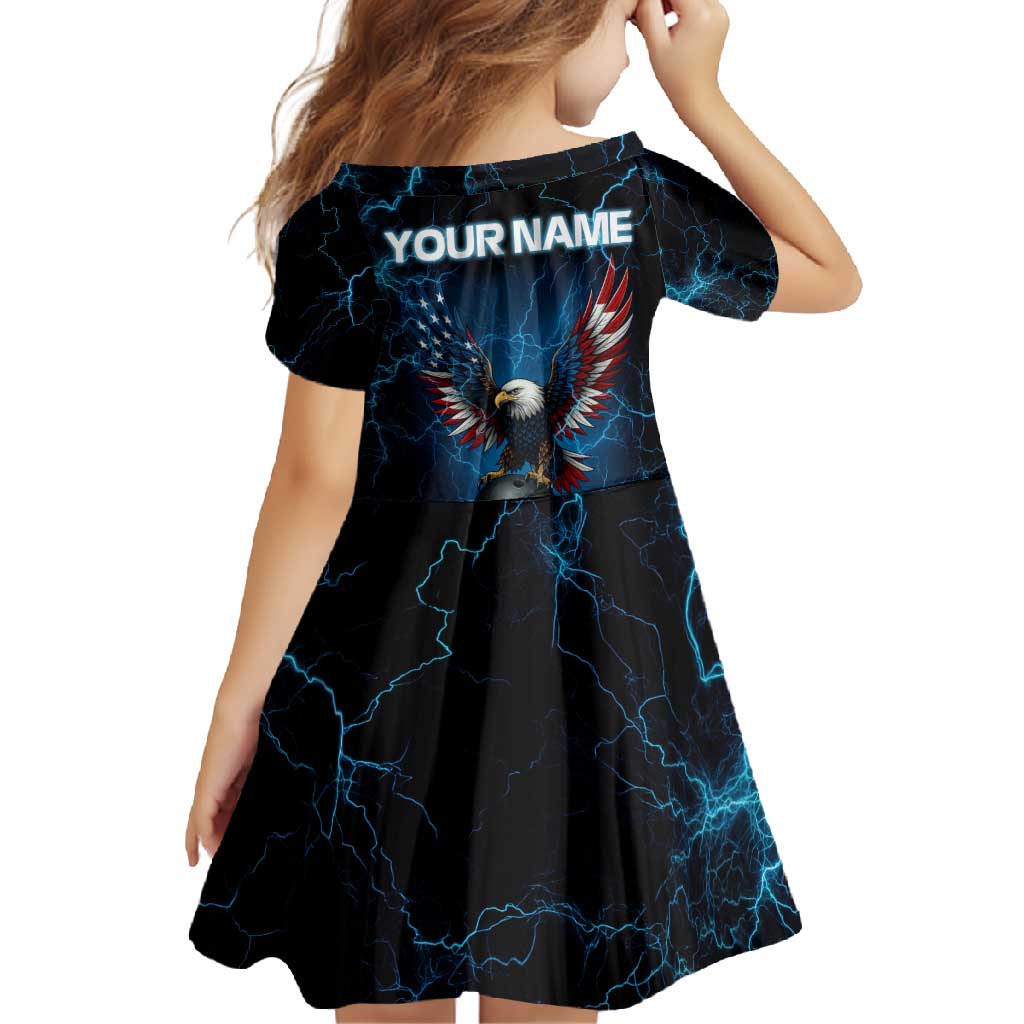 Lightning Bowling Family Matching Long Sleeve Bodycon Dress and Hawaiian Shirt Electric Blue Ball and American Eagle Graphic on Stormy Black Background - Wonder Print Shop