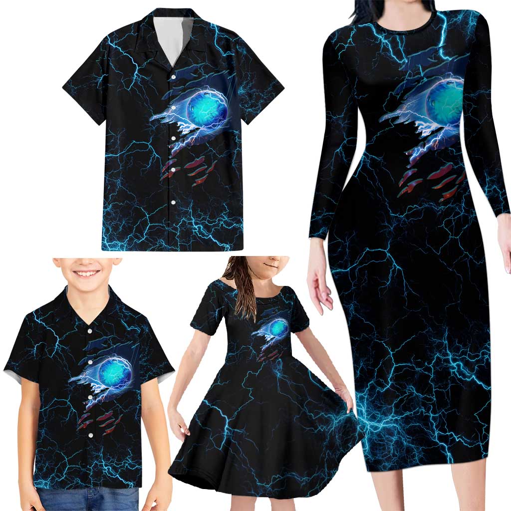 Lightning Bowling Family Matching Long Sleeve Bodycon Dress and Hawaiian Shirt Electric Blue Ball and American Eagle Graphic on Stormy Black Background - Wonder Print Shop