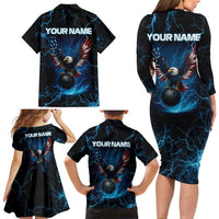 Lightning Bowling Family Matching Long Sleeve Bodycon Dress and Hawaiian Shirt Electric Blue Ball and American Eagle Graphic on Stormy Black Background - Wonder Print Shop