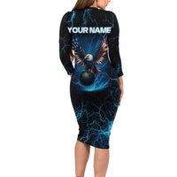 Lightning Bowling Family Matching Long Sleeve Bodycon Dress and Hawaiian Shirt Electric Blue Ball and American Eagle Graphic on Stormy Black Background - Wonder Print Shop