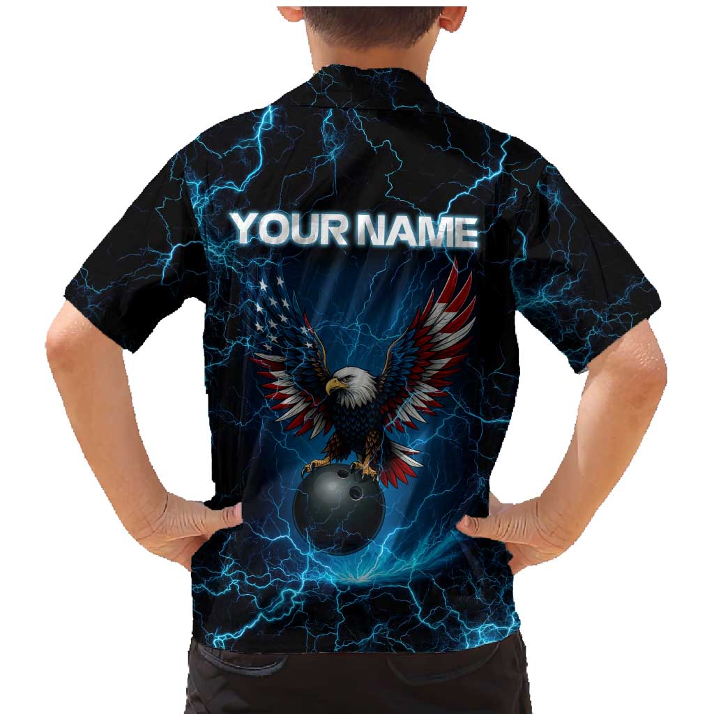 Lightning Bowling Family Matching Mermaid Dress and Hawaiian Shirt Electric Blue Ball and American Eagle Graphic on Stormy Black Background - Wonder Print Shop