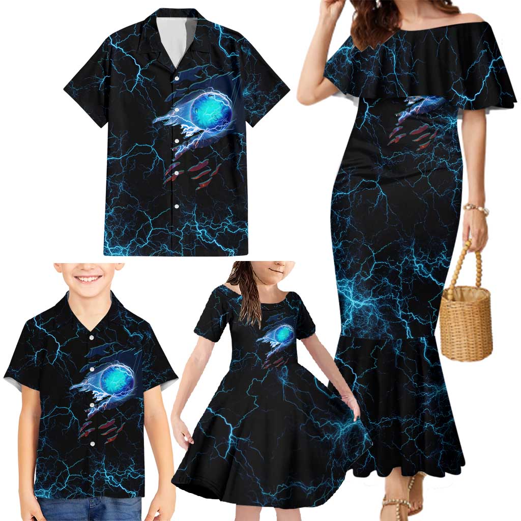 Lightning Bowling Family Matching Mermaid Dress and Hawaiian Shirt Electric Blue Ball and American Eagle Graphic on Stormy Black Background - Wonder Print Shop