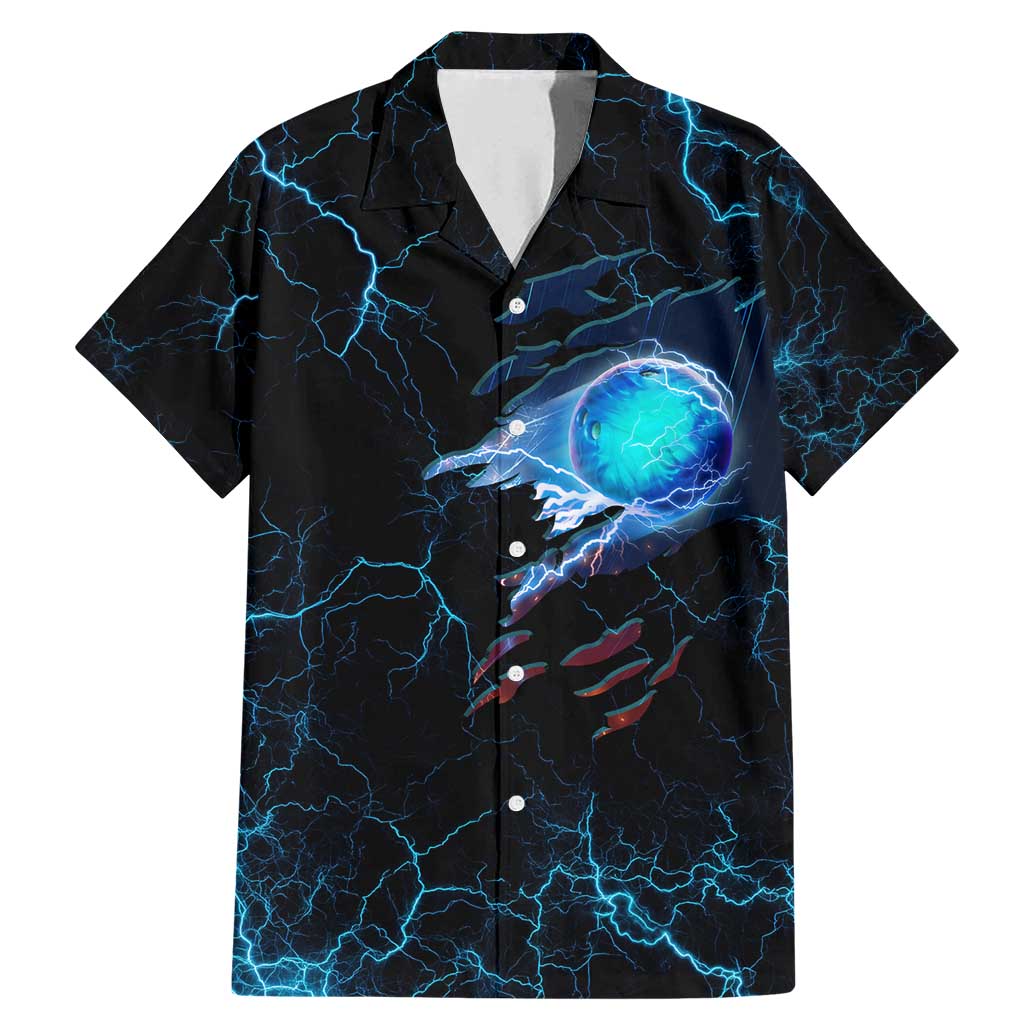 Lightning Bowling Family Matching Mermaid Dress and Hawaiian Shirt Electric Blue Ball and American Eagle Graphic on Stormy Black Background - Wonder Print Shop