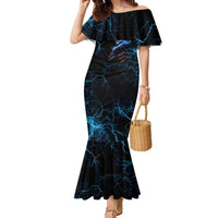 Lightning Bowling Family Matching Mermaid Dress and Hawaiian Shirt Electric Blue Ball and American Eagle Graphic on Stormy Black Background - Wonder Print Shop
