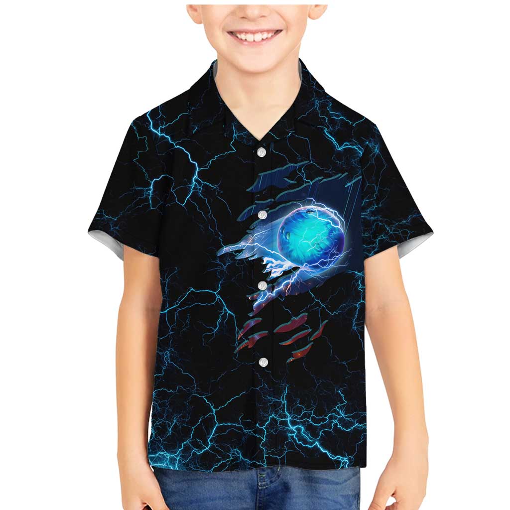 Lightning Bowling Family Matching Mermaid Dress and Hawaiian Shirt Electric Blue Ball and American Eagle Graphic on Stormy Black Background - Wonder Print Shop