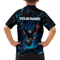 Lightning Bowling Family Matching Off The Shoulder Long Sleeve Dress and Hawaiian Shirt Electric Blue Ball and American Eagle Graphic on Stormy Black Background - Wonder Print Shop