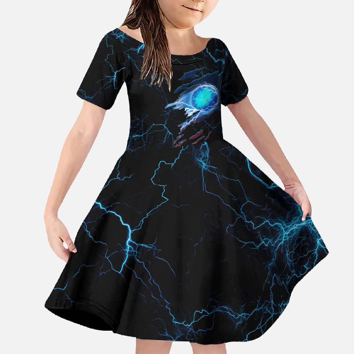 Lightning Bowling Family Matching Off The Shoulder Long Sleeve Dress and Hawaiian Shirt Electric Blue Ball and American Eagle Graphic on Stormy Black Background - Wonder Print Shop