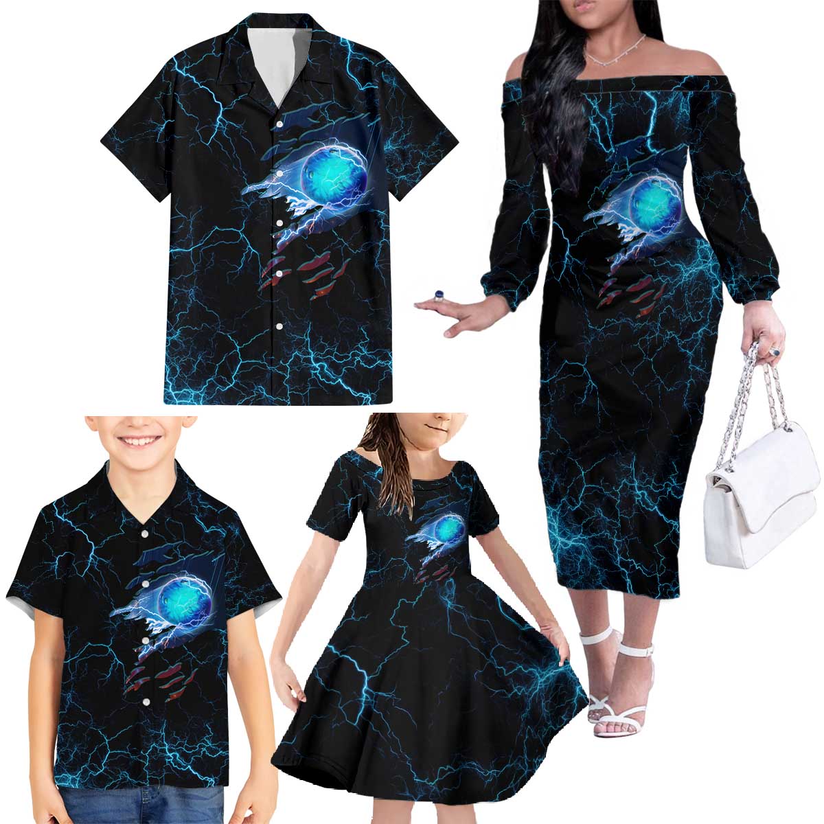 Lightning Bowling Family Matching Off The Shoulder Long Sleeve Dress and Hawaiian Shirt Electric Blue Ball and American Eagle Graphic on Stormy Black Background - Wonder Print Shop