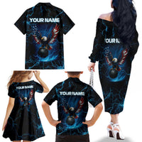 Lightning Bowling Family Matching Off The Shoulder Long Sleeve Dress and Hawaiian Shirt Electric Blue Ball and American Eagle Graphic on Stormy Black Background - Wonder Print Shop