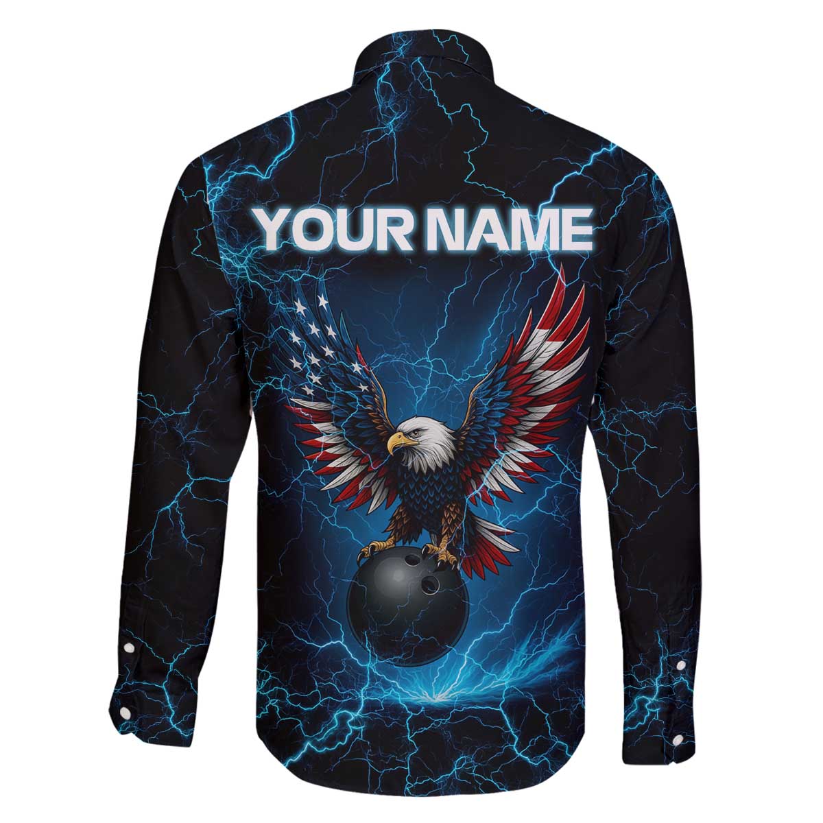 Lightning Bowling Family Matching Off The Shoulder Long Sleeve Dress and Hawaiian Shirt Electric Blue Ball and American Eagle Graphic on Stormy Black Background - Wonder Print Shop