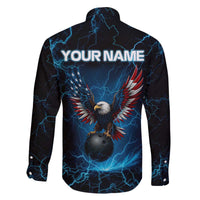 Lightning Bowling Family Matching Off The Shoulder Long Sleeve Dress and Hawaiian Shirt Electric Blue Ball and American Eagle Graphic on Stormy Black Background - Wonder Print Shop