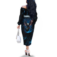 Lightning Bowling Family Matching Off The Shoulder Long Sleeve Dress and Hawaiian Shirt Electric Blue Ball and American Eagle Graphic on Stormy Black Background - Wonder Print Shop