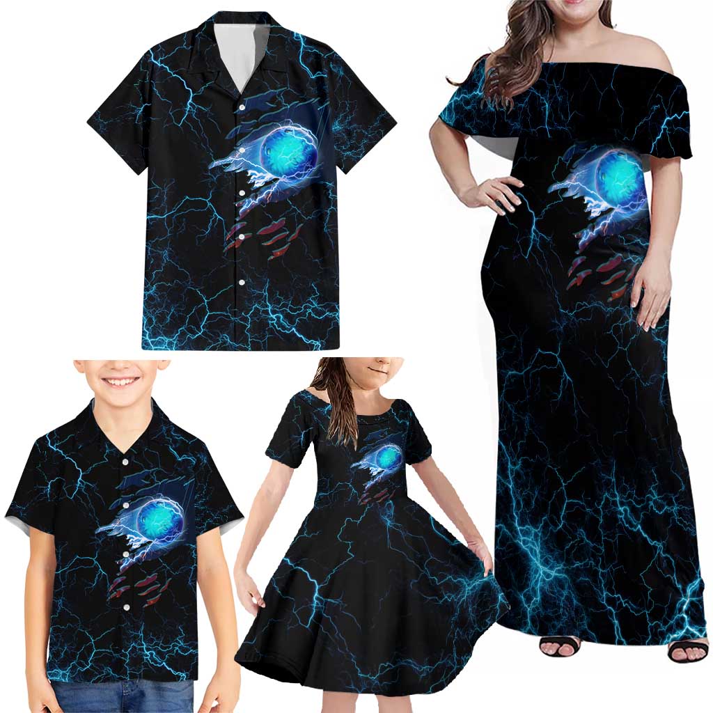 Lightning Bowling Family Matching Off Shoulder Maxi Dress and Hawaiian Shirt Electric Blue Ball and American Eagle Graphic on Stormy Black Background - Wonder Print Shop