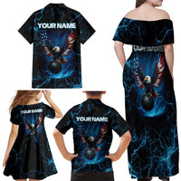 Lightning Bowling Family Matching Off Shoulder Maxi Dress and Hawaiian Shirt Electric Blue Ball and American Eagle Graphic on Stormy Black Background - Wonder Print Shop