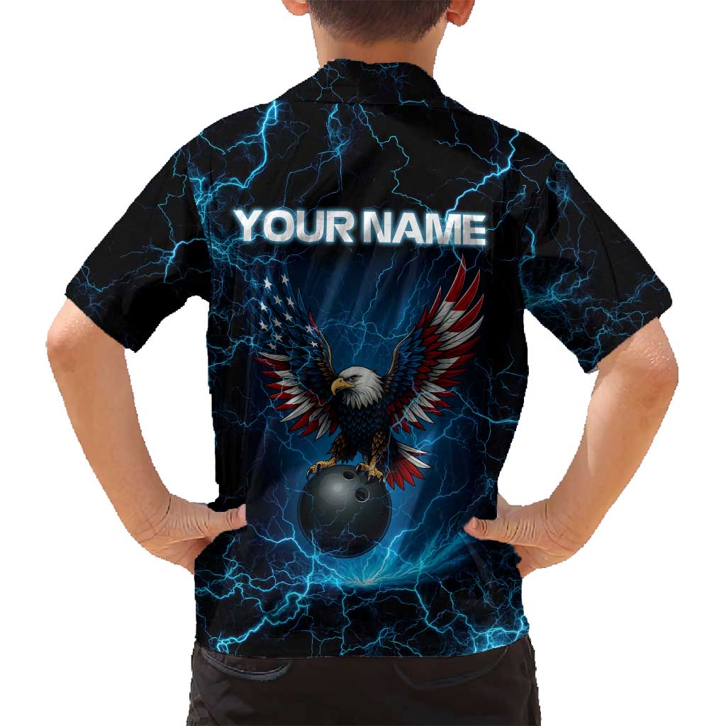 Lightning Bowling Family Matching Off Shoulder Short Dress and Hawaiian Shirt Electric Blue Ball and American Eagle Graphic on Stormy Black Background - Wonder Print Shop