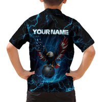 Lightning Bowling Family Matching Off Shoulder Short Dress and Hawaiian Shirt Electric Blue Ball and American Eagle Graphic on Stormy Black Background - Wonder Print Shop