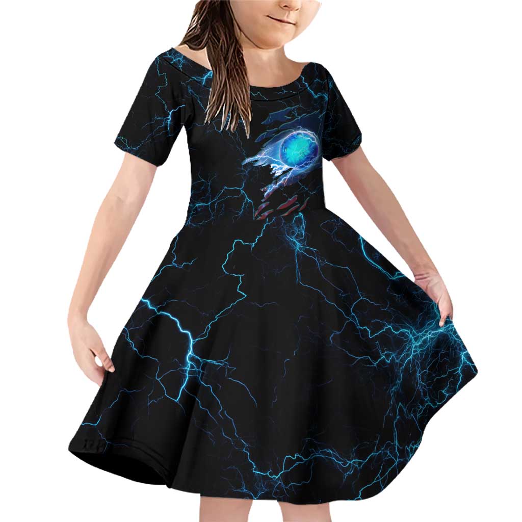 Lightning Bowling Family Matching Off Shoulder Short Dress and Hawaiian Shirt Electric Blue Ball and American Eagle Graphic on Stormy Black Background - Wonder Print Shop
