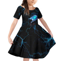 Lightning Bowling Family Matching Off Shoulder Short Dress and Hawaiian Shirt Electric Blue Ball and American Eagle Graphic on Stormy Black Background - Wonder Print Shop