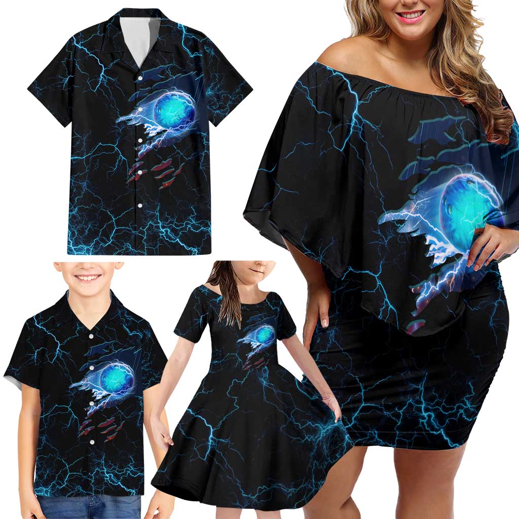Lightning Bowling Family Matching Off Shoulder Short Dress and Hawaiian Shirt Electric Blue Ball and American Eagle Graphic on Stormy Black Background - Wonder Print Shop