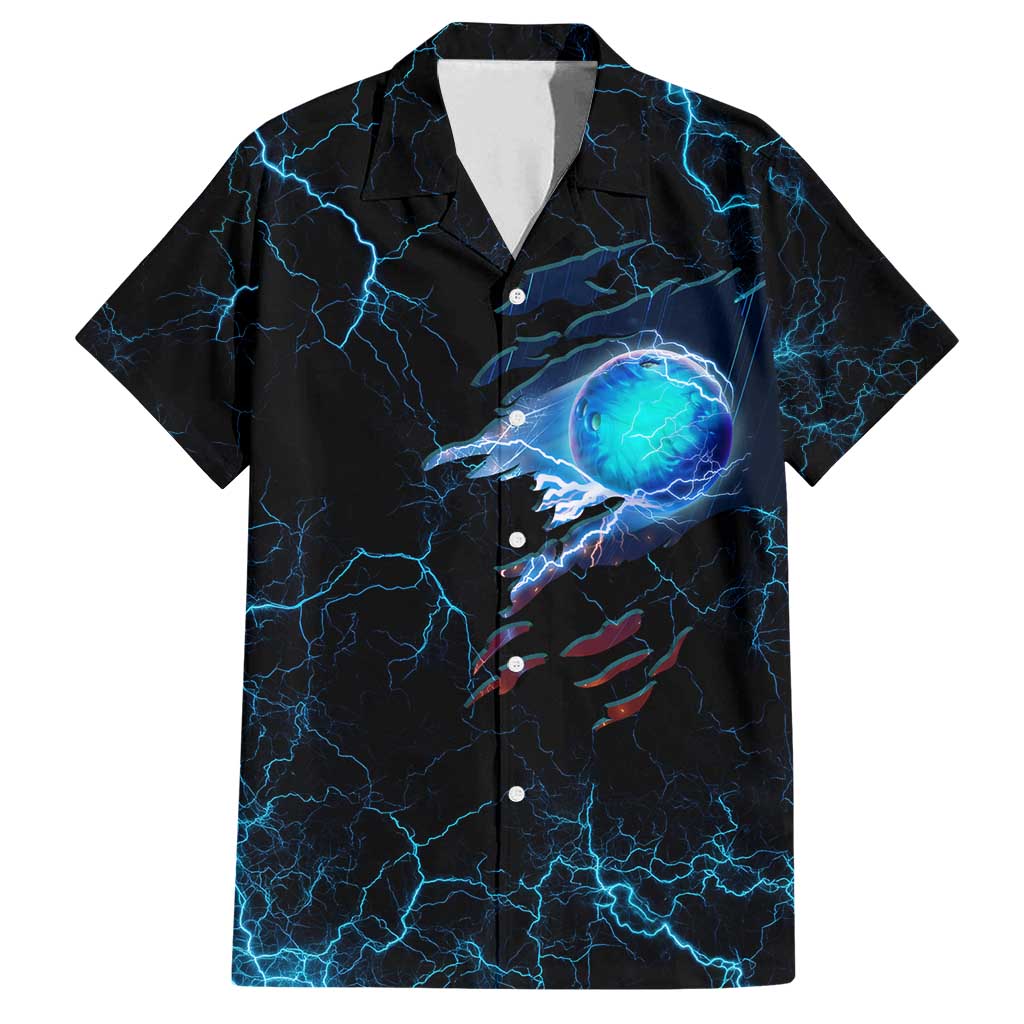 Lightning Bowling Family Matching Off Shoulder Short Dress and Hawaiian Shirt Electric Blue Ball and American Eagle Graphic on Stormy Black Background - Wonder Print Shop