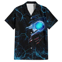 Lightning Bowling Family Matching Off Shoulder Short Dress and Hawaiian Shirt Electric Blue Ball and American Eagle Graphic on Stormy Black Background - Wonder Print Shop