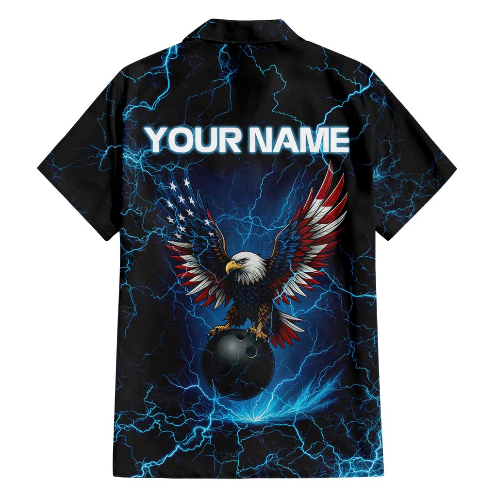 Lightning Bowling Family Matching Off Shoulder Short Dress and Hawaiian Shirt Electric Blue Ball and American Eagle Graphic on Stormy Black Background - Wonder Print Shop