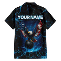 Lightning Bowling Family Matching Off Shoulder Short Dress and Hawaiian Shirt Electric Blue Ball and American Eagle Graphic on Stormy Black Background - Wonder Print Shop