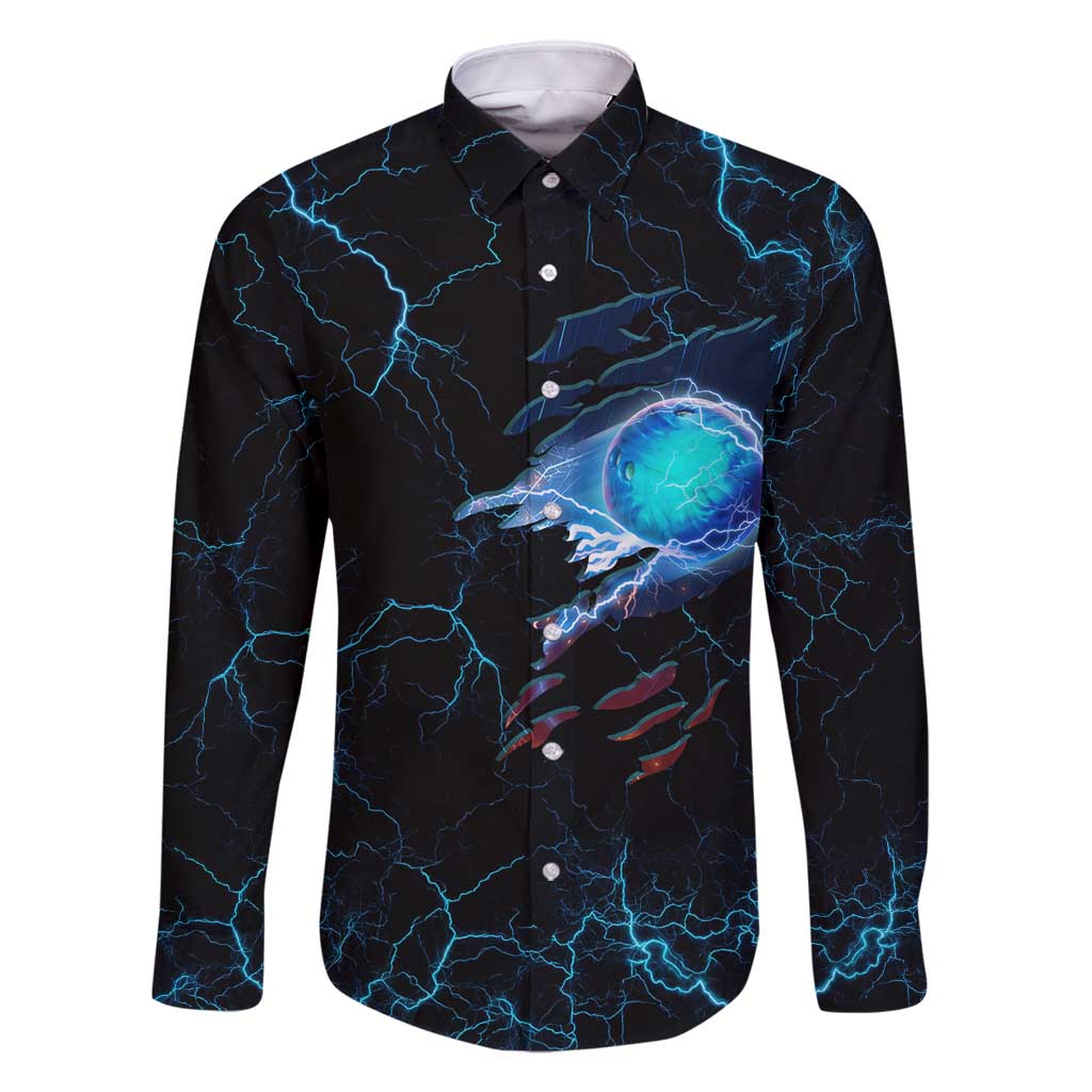 Lightning Bowling Family Matching Off Shoulder Short Dress and Hawaiian Shirt Electric Blue Ball and American Eagle Graphic on Stormy Black Background - Wonder Print Shop