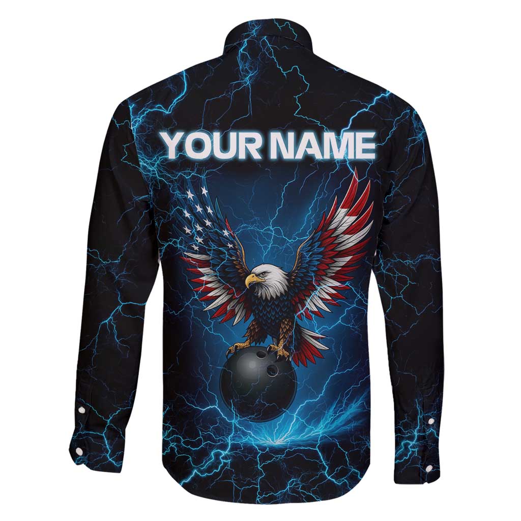 Lightning Bowling Family Matching Off Shoulder Short Dress and Hawaiian Shirt Electric Blue Ball and American Eagle Graphic on Stormy Black Background - Wonder Print Shop