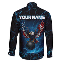 Lightning Bowling Family Matching Off Shoulder Short Dress and Hawaiian Shirt Electric Blue Ball and American Eagle Graphic on Stormy Black Background - Wonder Print Shop