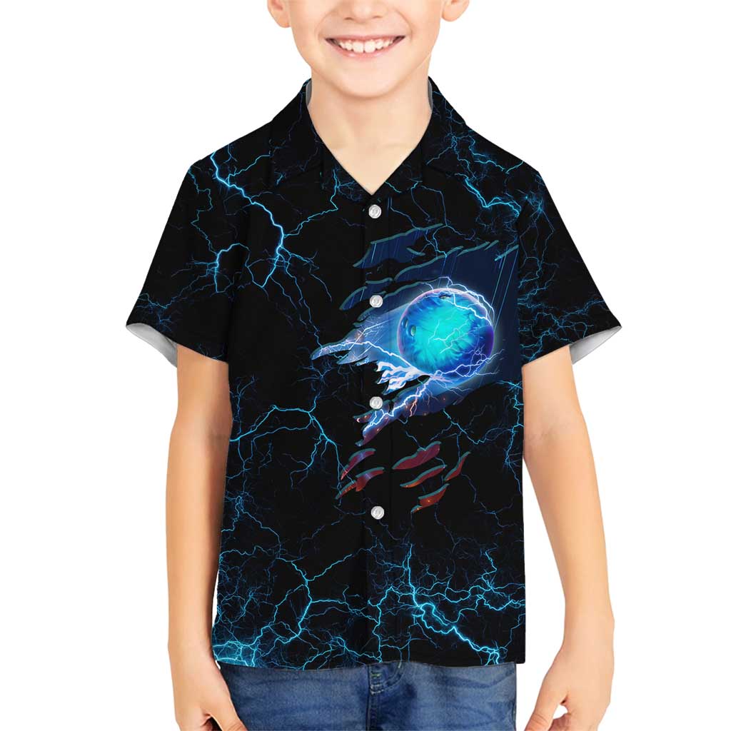 Lightning Bowling Family Matching Off Shoulder Short Dress and Hawaiian Shirt Electric Blue Ball and American Eagle Graphic on Stormy Black Background - Wonder Print Shop