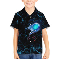 Lightning Bowling Family Matching Off Shoulder Short Dress and Hawaiian Shirt Electric Blue Ball and American Eagle Graphic on Stormy Black Background - Wonder Print Shop