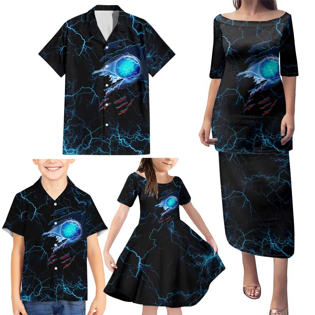 Lightning Bowling Family Matching Puletasi and Hawaiian Shirt Electric Blue Ball and American Eagle Graphic on Stormy Black Background - Wonder Print Shop