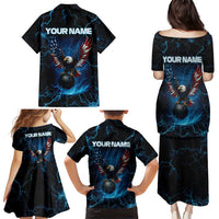 Lightning Bowling Family Matching Puletasi and Hawaiian Shirt Electric Blue Ball and American Eagle Graphic on Stormy Black Background - Wonder Print Shop