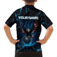 Lightning Bowling Family Matching Short Sleeve Bodycon Dress and Hawaiian Shirt Electric Blue Ball and American Eagle Graphic on Stormy Black Background - Wonder Print Shop