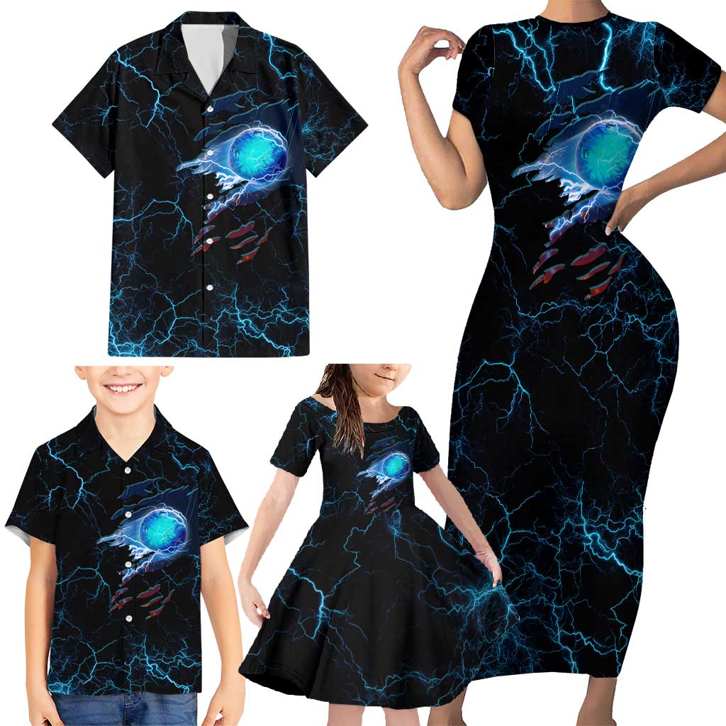 Lightning Bowling Family Matching Short Sleeve Bodycon Dress and Hawaiian Shirt Electric Blue Ball and American Eagle Graphic on Stormy Black Background - Wonder Print Shop