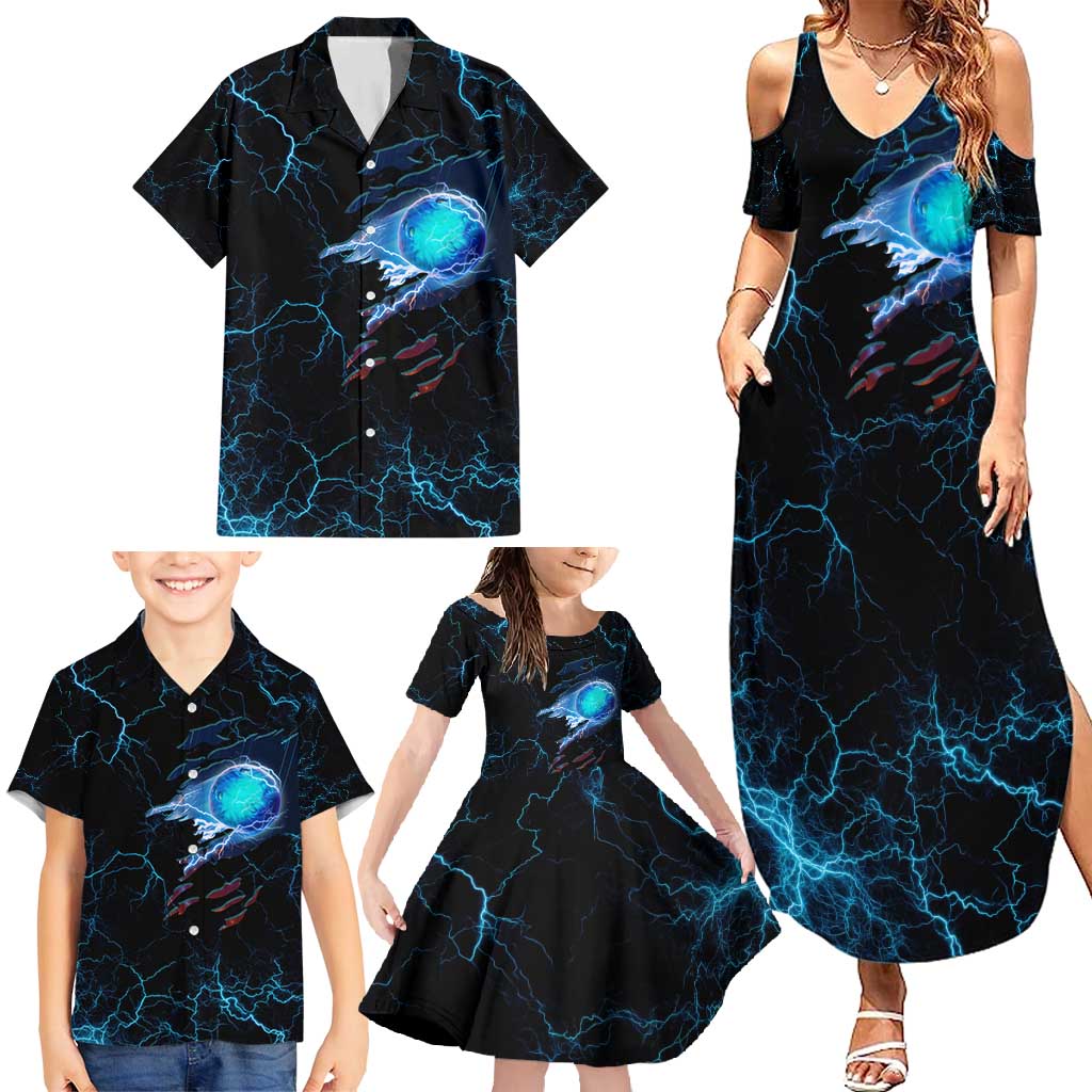 Lightning Bowling Family Matching Summer Maxi Dress and Hawaiian Shirt Electric Blue Ball and American Eagle Graphic on Stormy Black Background - Wonder Print Shop