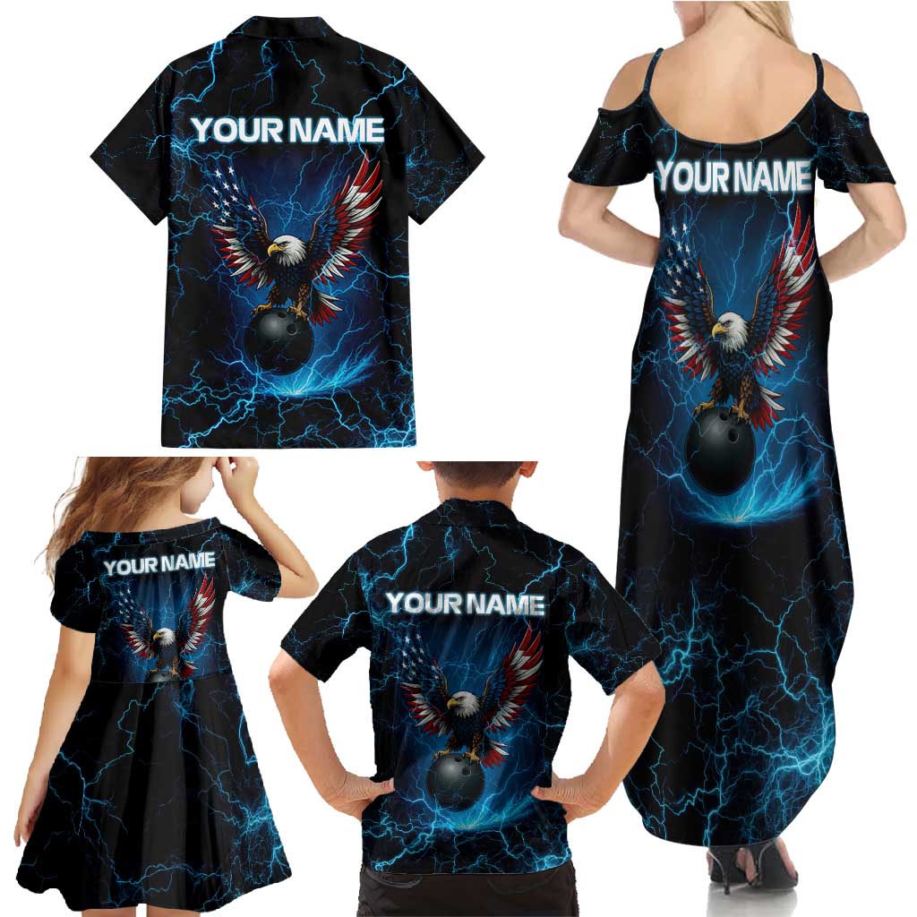 Lightning Bowling Family Matching Summer Maxi Dress and Hawaiian Shirt Electric Blue Ball and American Eagle Graphic on Stormy Black Background - Wonder Print Shop