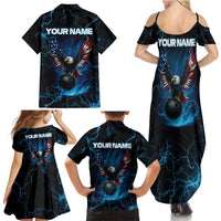 Lightning Bowling Family Matching Summer Maxi Dress and Hawaiian Shirt Electric Blue Ball and American Eagle Graphic on Stormy Black Background - Wonder Print Shop