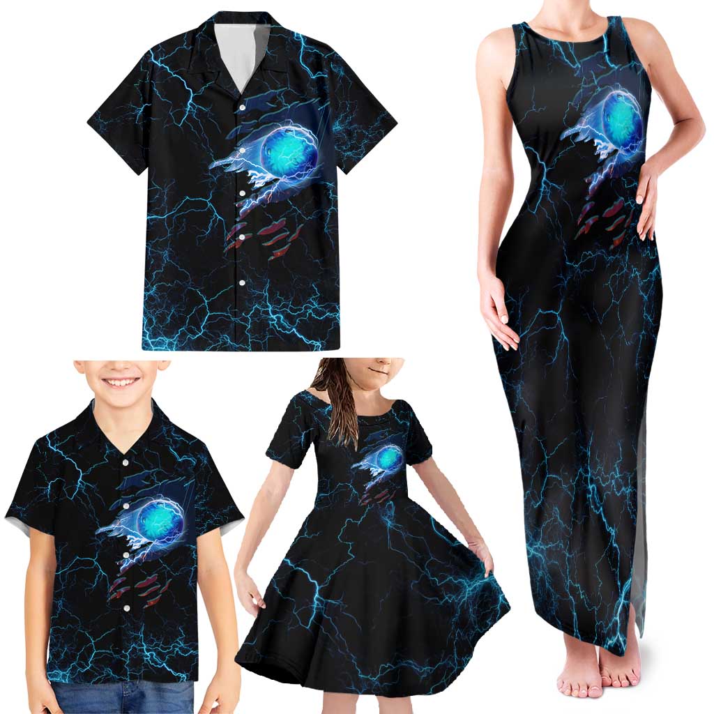 Lightning Bowling Family Matching Tank Maxi Dress and Hawaiian Shirt Electric Blue Ball and American Eagle Graphic on Stormy Black Background - Wonder Print Shop