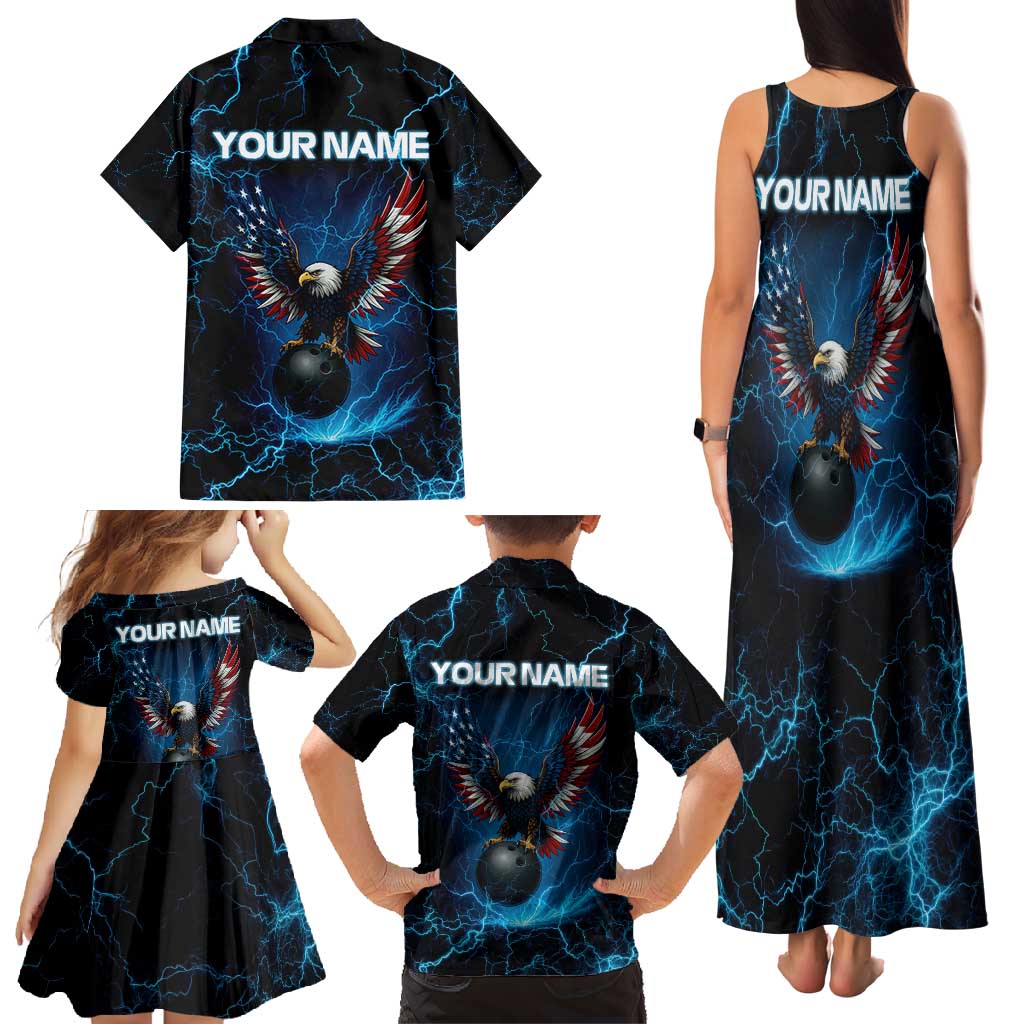 Lightning Bowling Family Matching Tank Maxi Dress and Hawaiian Shirt Electric Blue Ball and American Eagle Graphic on Stormy Black Background - Wonder Print Shop