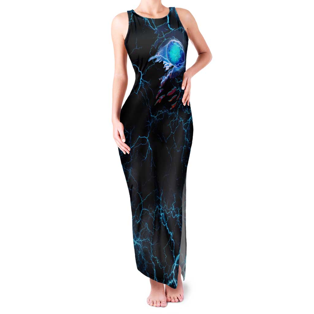 Lightning Bowling Family Matching Tank Maxi Dress and Hawaiian Shirt Electric Blue Ball and American Eagle Graphic on Stormy Black Background - Wonder Print Shop