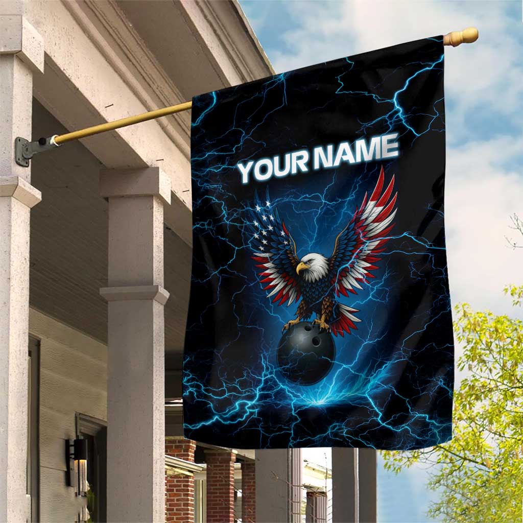 Lightning Bowling Garden Flag Electric Blue Ball and American Eagle Graphic on Stormy Black Background - Wonder Print Shop